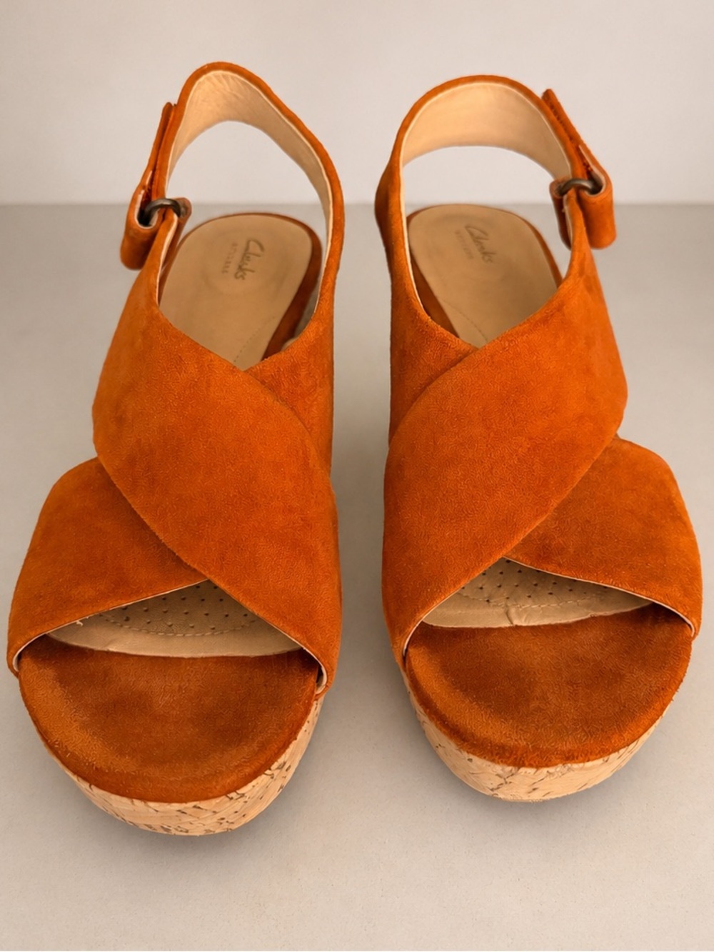 Clarks Maritsa Lara Platform Wedge Sandals Womens 7.5 Amber Rust Suede Cork Fall